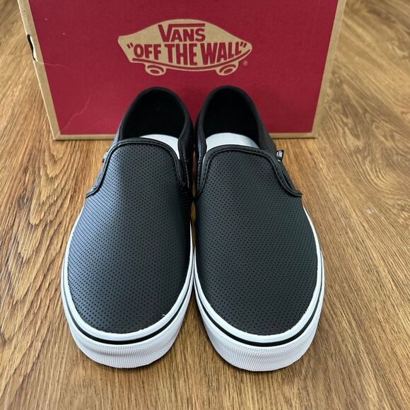 VANS off the wall black leather slip on shoes sneakers women’s 7.5 new - Picture 2 of 6